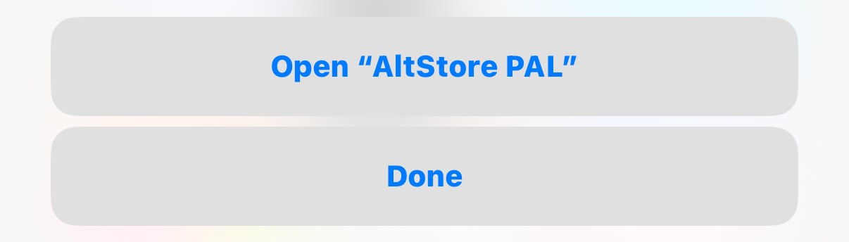 Open AltStore PAL and Done buttons, with Done highlighted